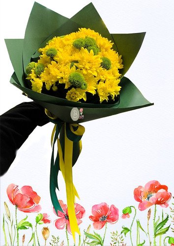 دسته گل داوودی زرد و سبز